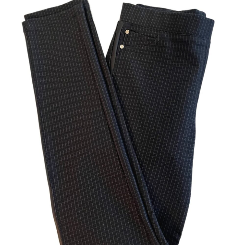 Tricotto Navy Check Slim Stretch Pants, Faux Leather Details, Size 6 NWT